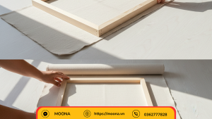 cách căng khung tranh canvas lắp ráp các thanh gỗ căng khung và căn chỉnh khung lên tấm vải canvas đặt trên bàn làm việc.