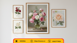 bộ 3 tranh canvas hoa hồng treo quán cafe vintage
