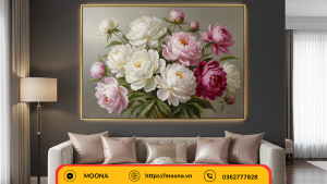 Tranh canvas hoa mẫu đơn treo phòng khách sang trọng