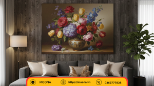 Tranh canvas hoa mẫu đơn treo phòng khách hiện đại